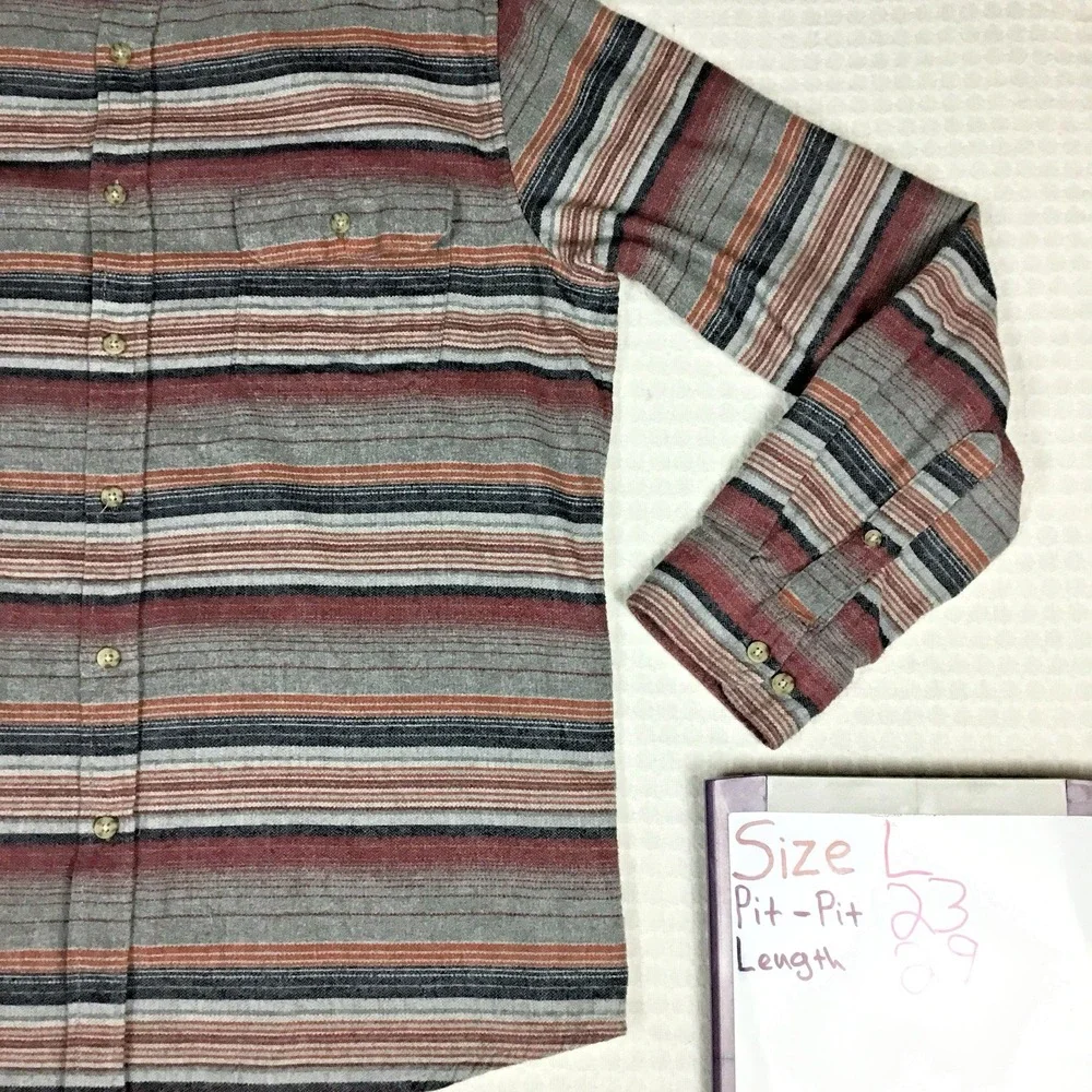 Goodfellow & Co Mens Large Gray Red Striped‎ Flannel Button Up Shirt 043160526